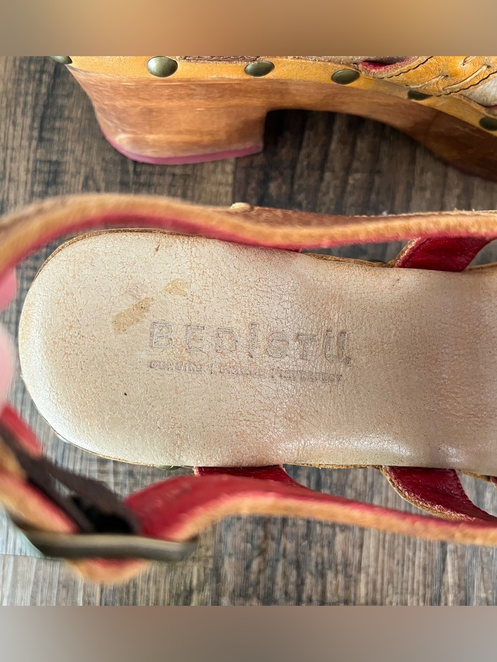 Bed Stu Falabella Leather Platform Sandal Wood Block Heel Studded Size 8.5 Multi - Picture 11 of 16
